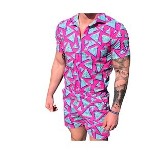 Zesties Mens Romper Medium Pink Geometric Retro 80s 90s Festival One Piece Short